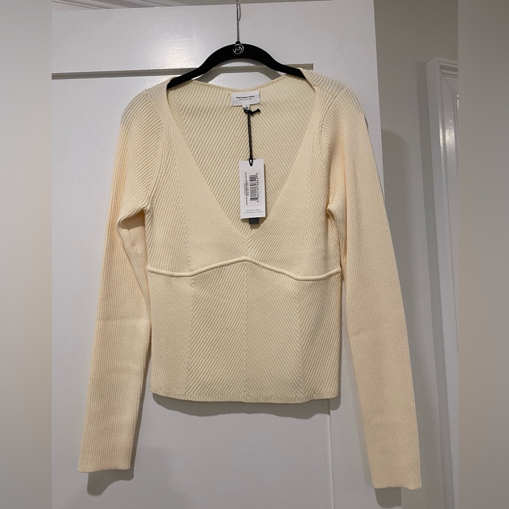 Who What Wear Collection: Anneliese Herringbone Long-Sleeve Top Crème XL NWT